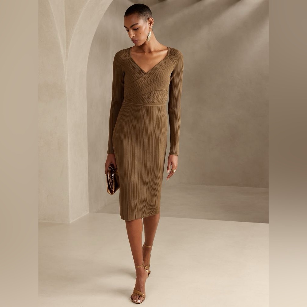 Banana Republic Gira Cross Front Long Sleeve Sweater Midi Dress Tan Size XL